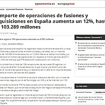 El importe de operaciones de fusiones y adquisiciones en Espaa aumenta un 12% hasta noviembre